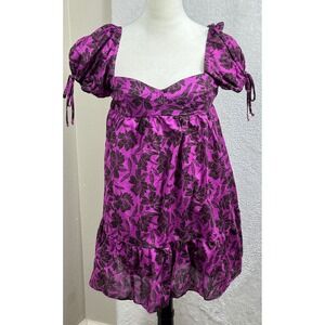 Olivaceous Floral Mini Dress Purple Brown Puff Sleeve Smocked Back Size M